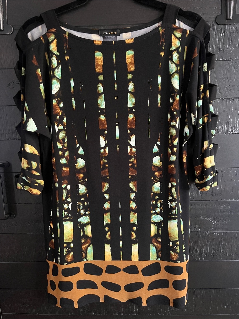 eva varro Black Cold-Shoulder Tunic with Aqua and Gold Print